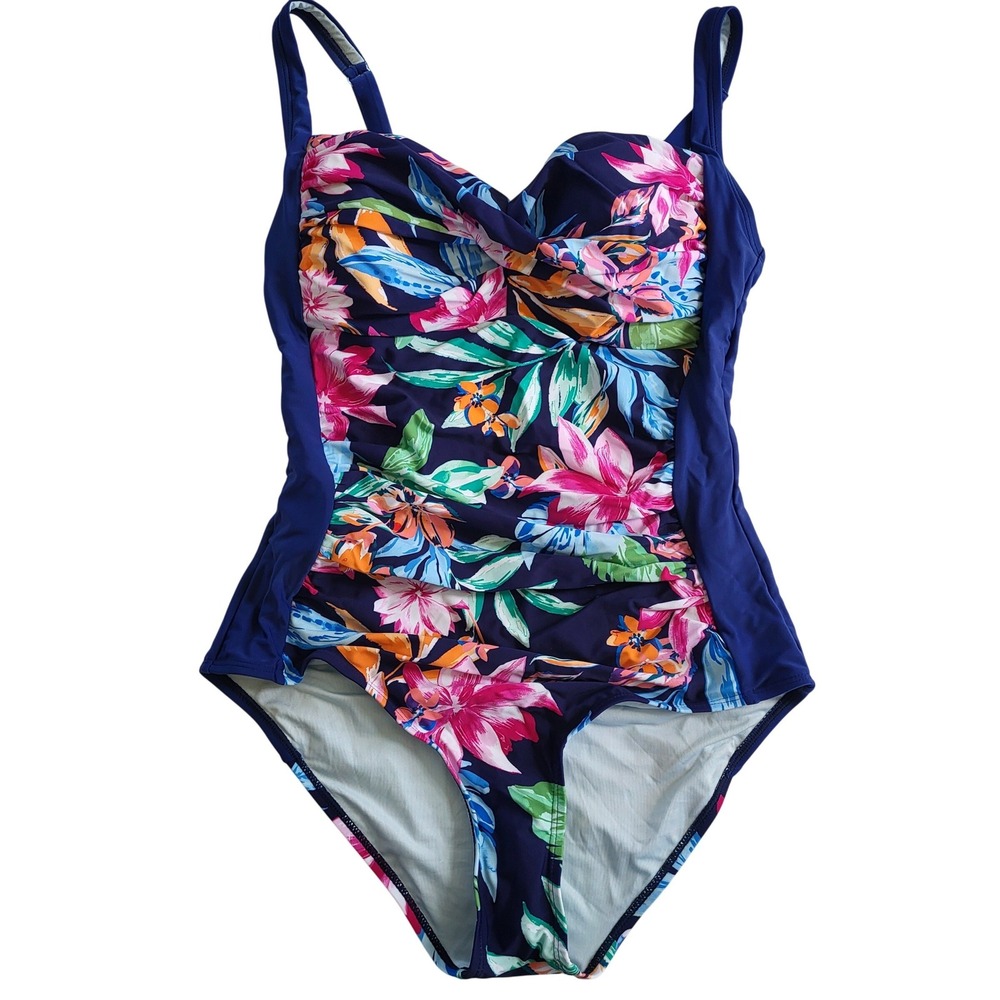 Cupshe Womens‎ Tropical Floral Twist Front Ruched One Piece Swimsuit Navy Large